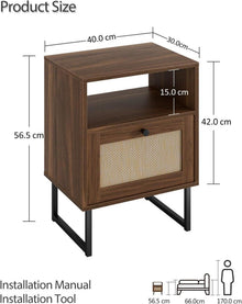 Boho Rattan Nachttisch mit Schublade und Regal, Braun