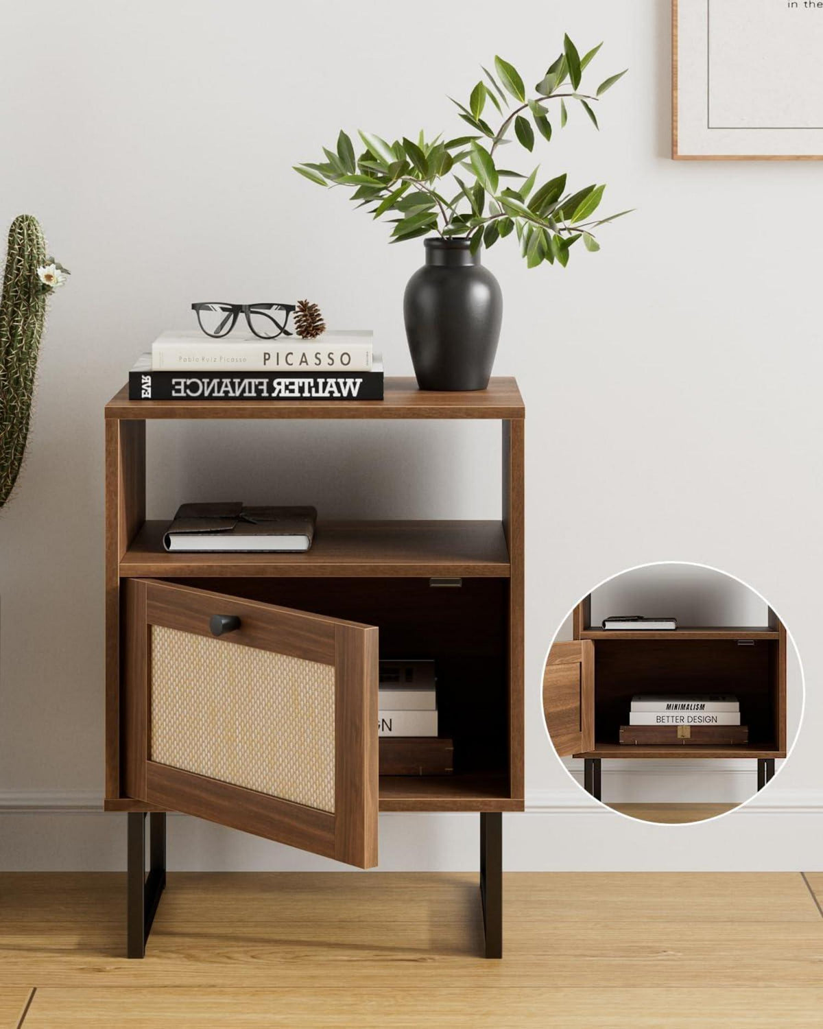 Rattan Nachttisch Boho Bauernhof Holz Beistelltisch mit Schublade
