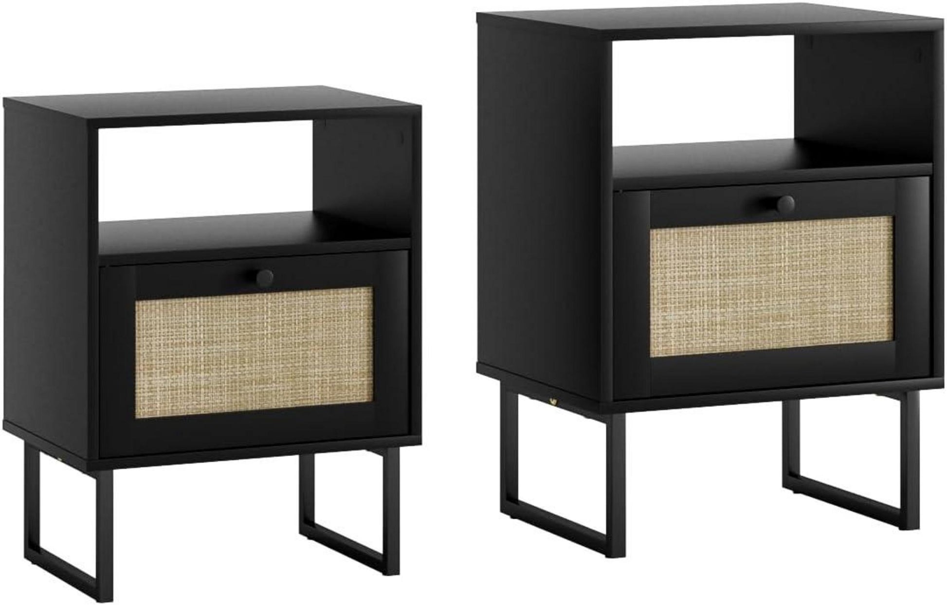 Boho Nachttisch Rattan Beistelltisch mit Schublade Eiche Regal