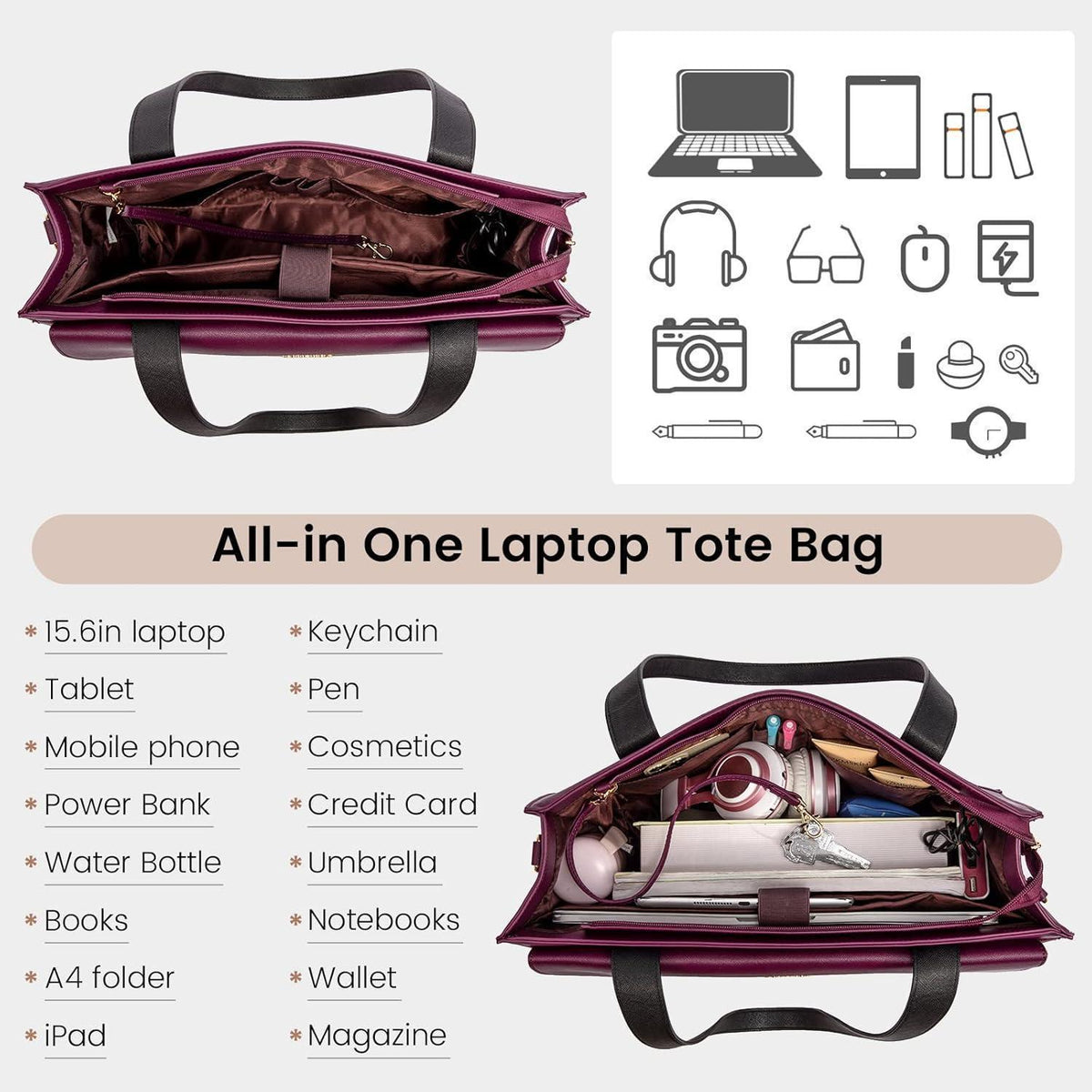 Laptoptasche Damen 15,6 Zoll Elegant mit Clutch Violett