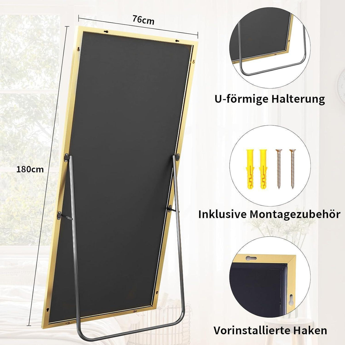 Großer Standspiegel 180x76 cm – Schwarz oder Gold | Wandspiegel mit Ständer