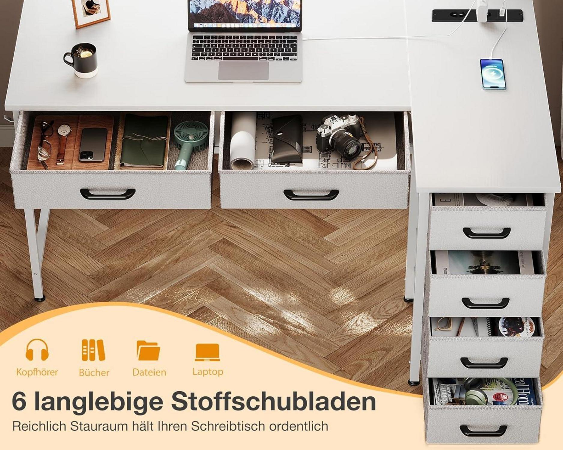 Eckschreibtisch 6 Schubladen Steckdose PC Tisch Weiß Stauraum