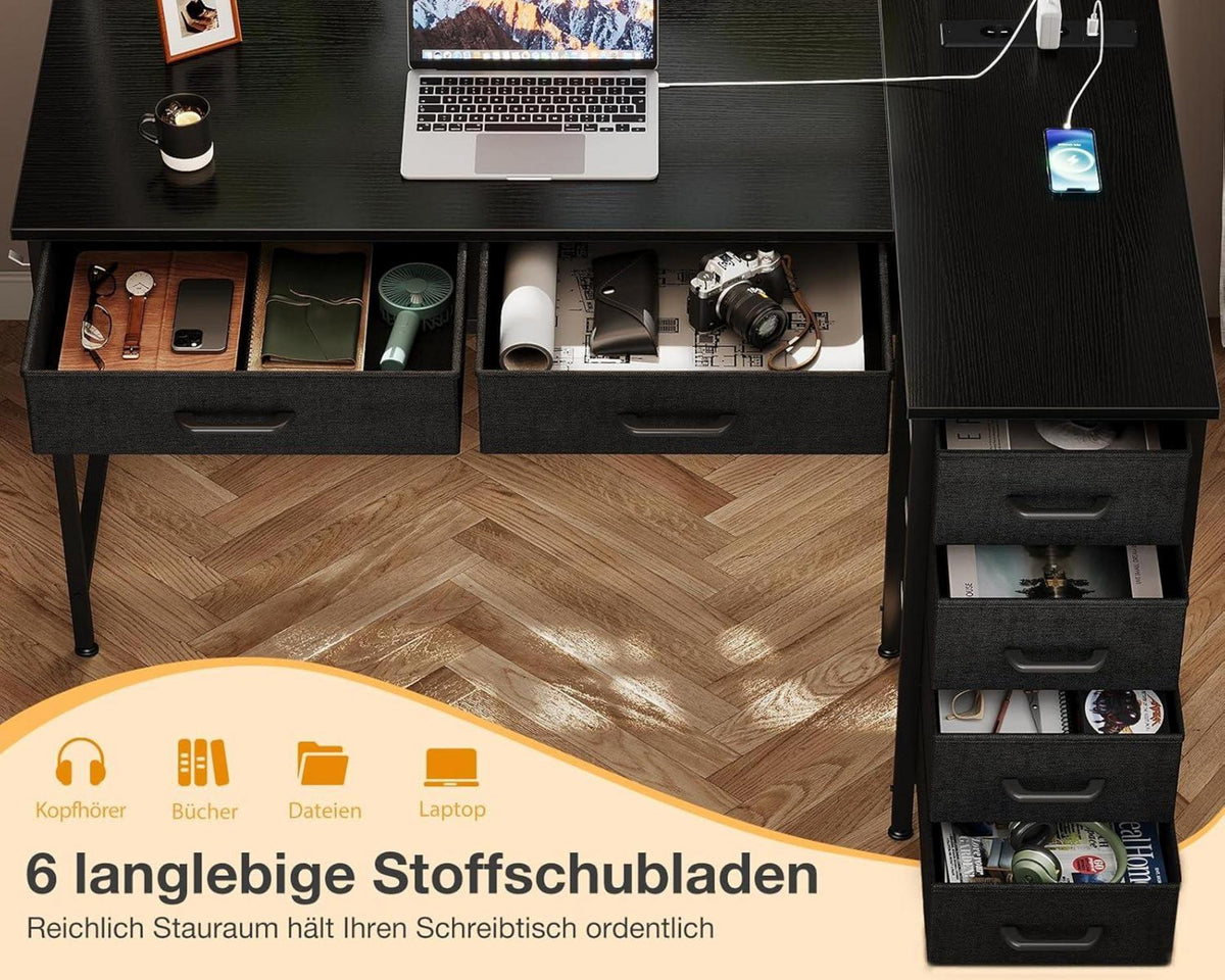 Eckschreibtisch Schwarz mit 6 Schubladen und Steckdose 126x80 cm