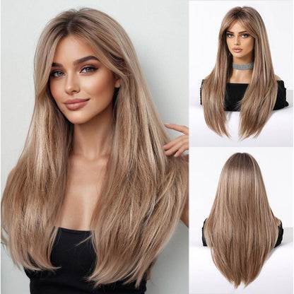 Lange Gerade Aschblond Perücke Synthetisch Hitzebeständig Ombre