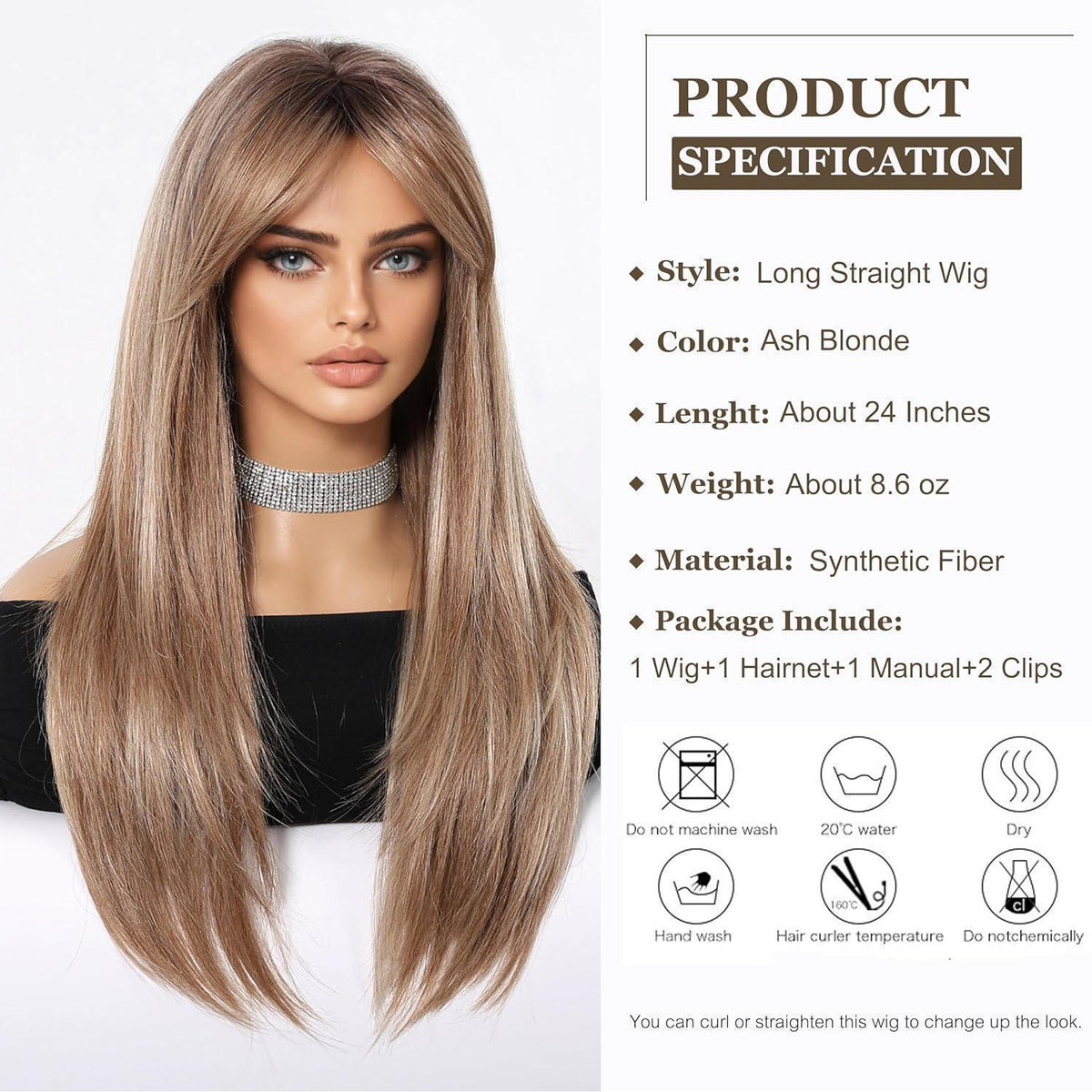 Lange Gerade Aschblond Perücke Synthetisch Hitzebeständig Ombre