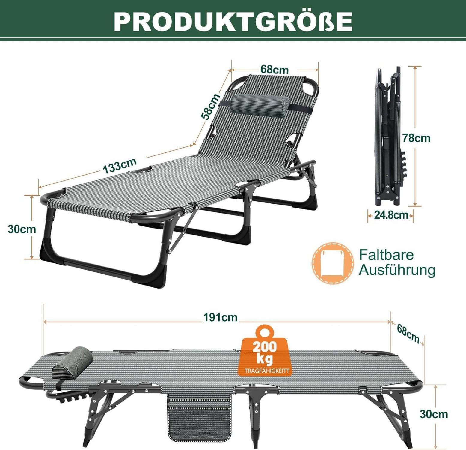 Klappbare Sonnenliege mit Matratze und Seitentasche, 150kg