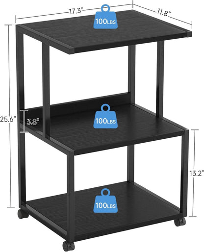 Druckertisch rollbar mit 3 Ebenen Holz Metall 30x44x65 cm Schwarz