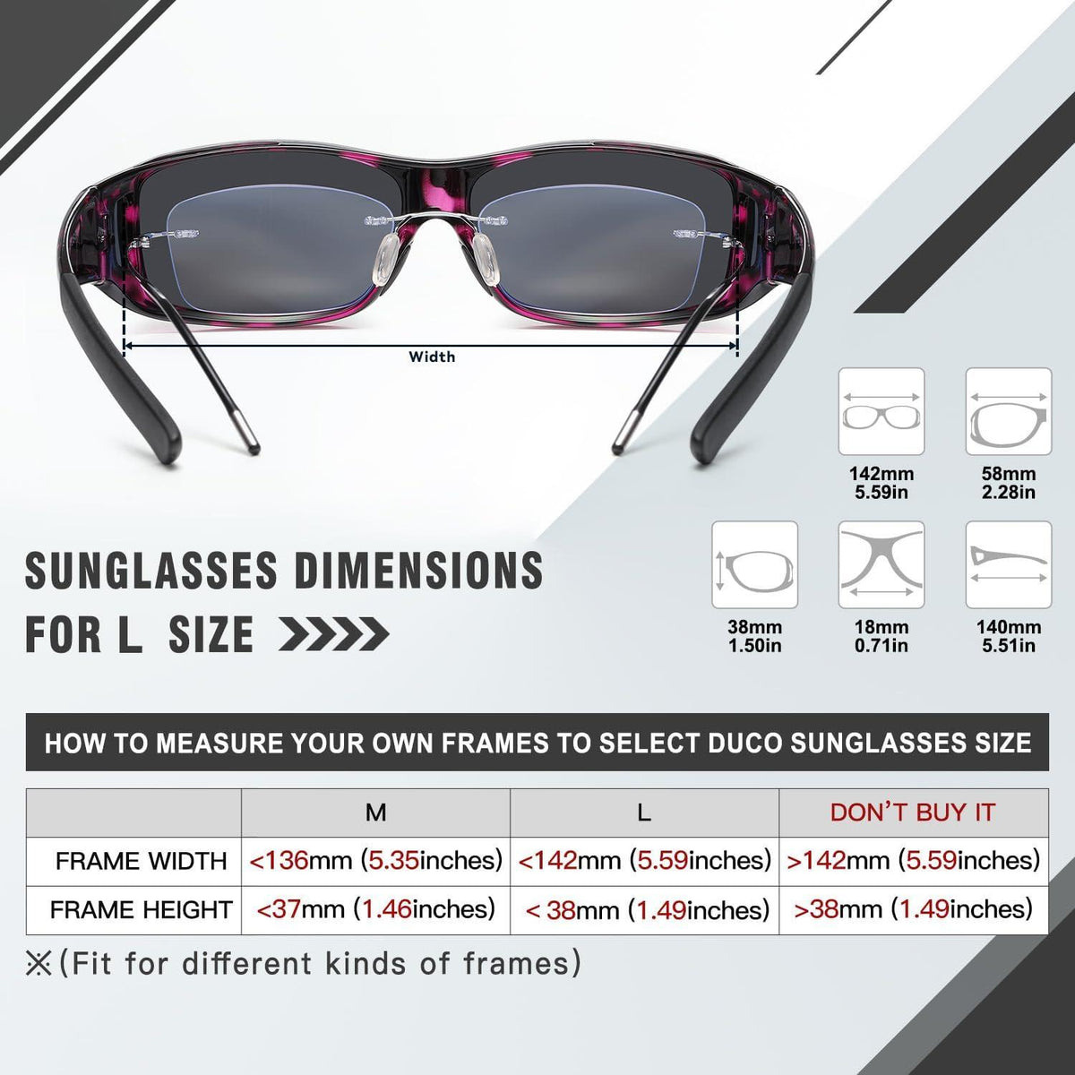 DUCO Polarisierte Überbrille UV400 Schutz Lila Tortoise Rahmen - L Größe