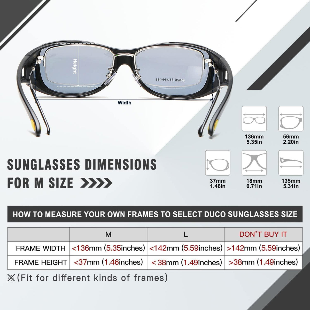 DUCO Polarisierte Sonnenbrille UV400 Schutz Überbrille Schwarz M Größe