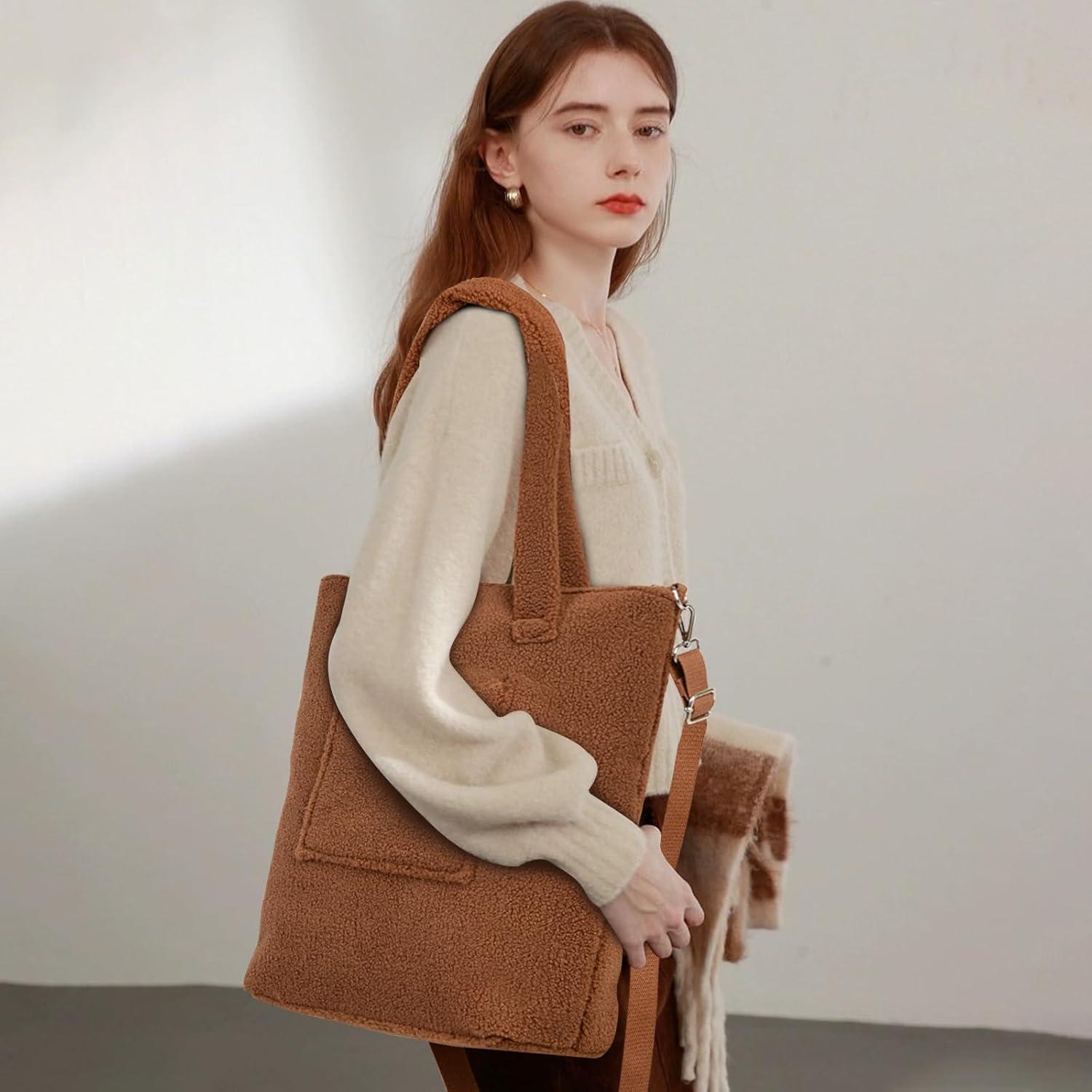 Teddyfleece Handtasche Damen Plüsch Umhängetasche Groß Winter Shopper