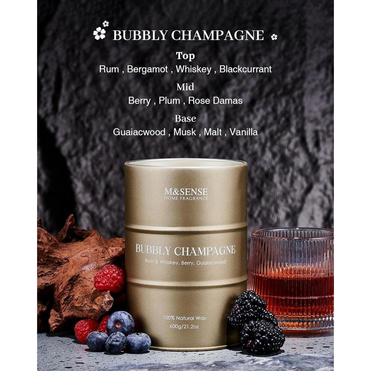 Duftkerze Champagner mit Sojawachs, 600g, 130h Brenndauer