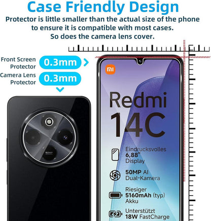 QULLOO Panzerglas für Xiaomi Redmi 14C 4G, Schutzfolie + Kameraschutz, 4-teiliges Set