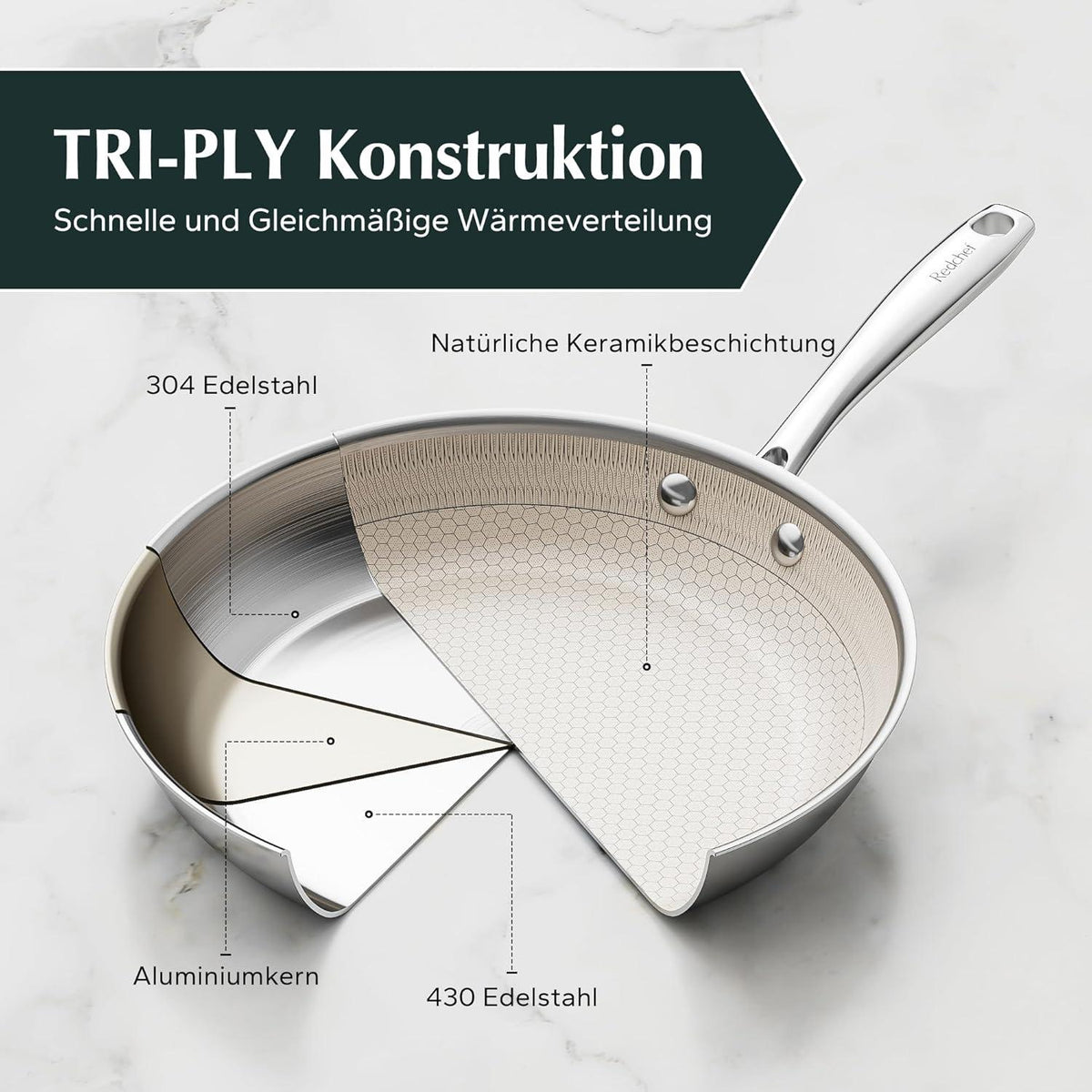 Redchef 28 cm Bratpfanne Wabenstruktur Hybrid Tri-Ply Edelstahl Universalpfanne