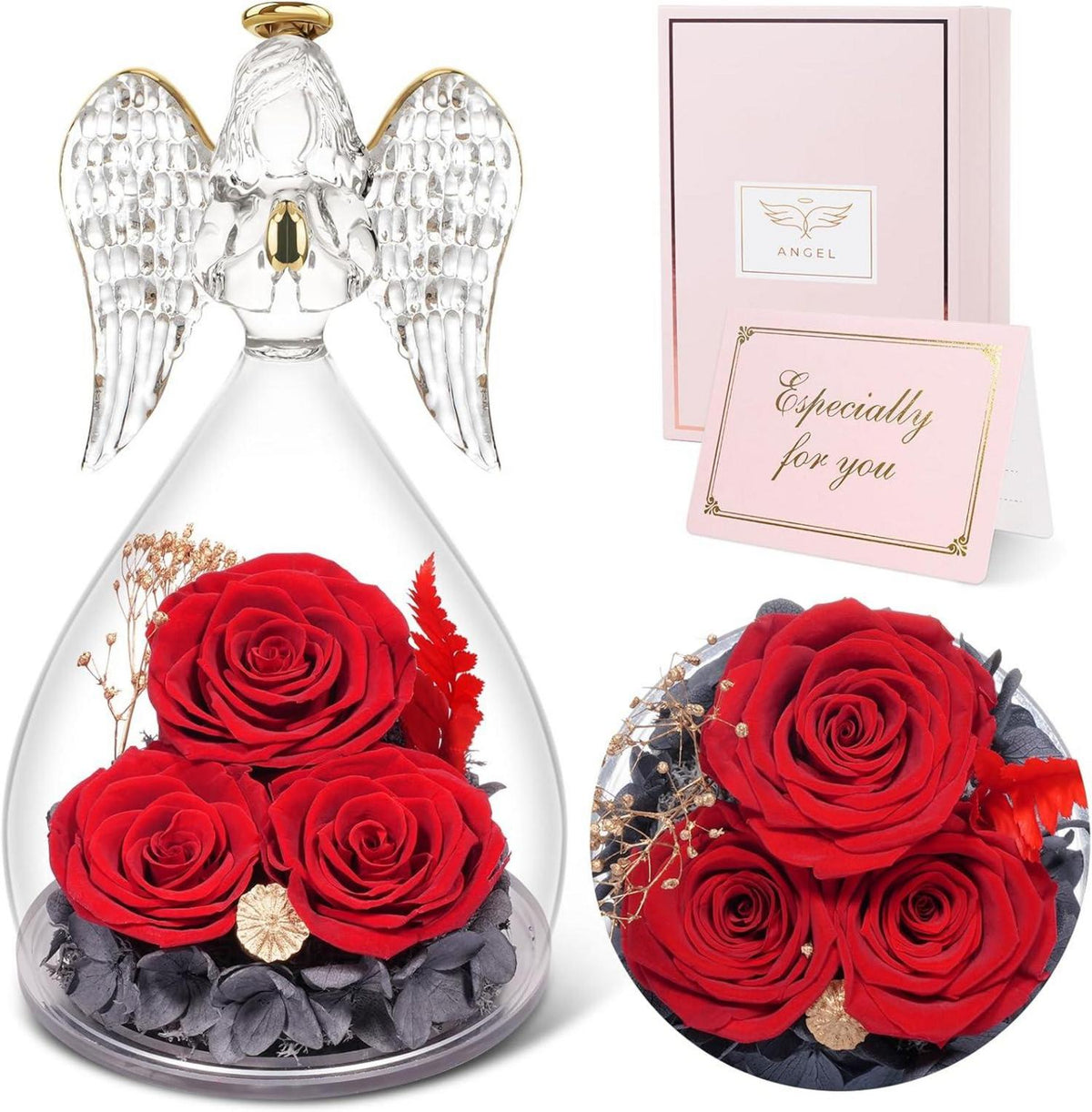 Ewige Rose Engel Geschenkbox 3 Ewige Rose im Glas Engel Rot