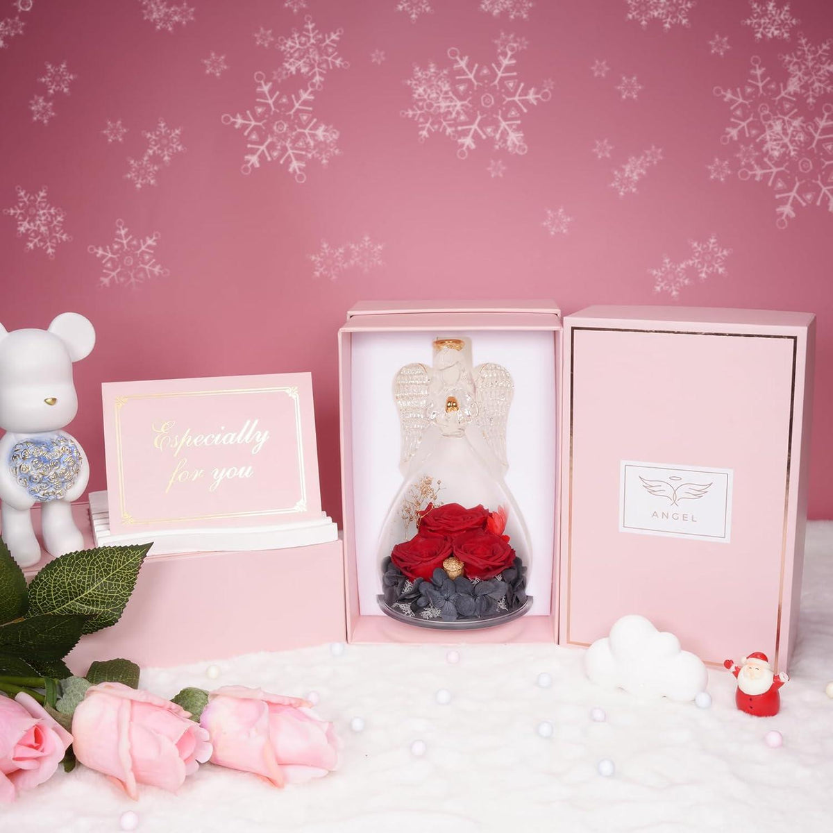 Ewige Rose Engel Geschenkbox 3 Rosen im Glas, Angel Infinity Rose für