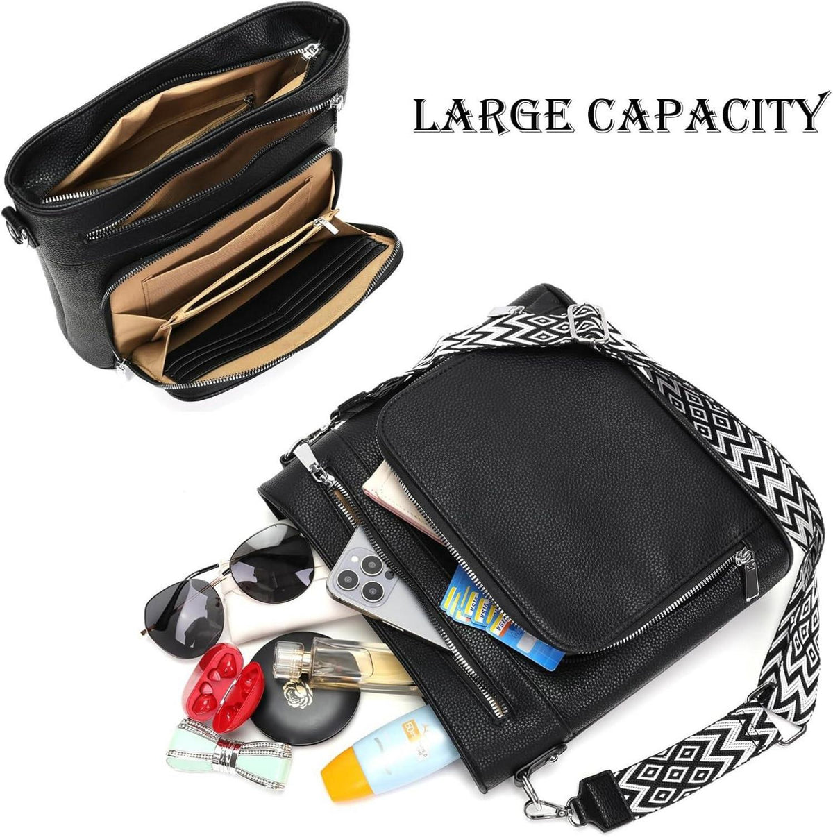 Damen Umhängetasche Vegan Leder Crossbody Schwarz mit