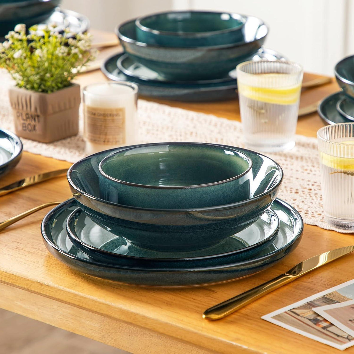 Tafelservice 6 Personen modern, Grün, 24-teilig Steingut