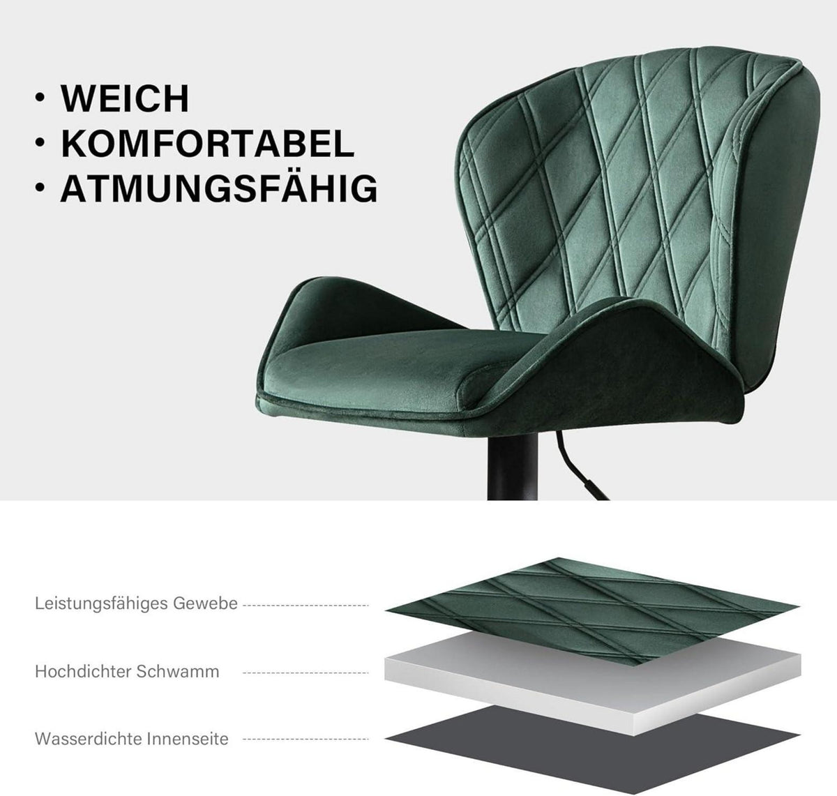 Tresenhocker Barhocker mit Rückenlehne und Fußstütze, höhenverstellbar, gepolstert in Dunkelgrün - Belastbarkeit 120kg, 2er Set