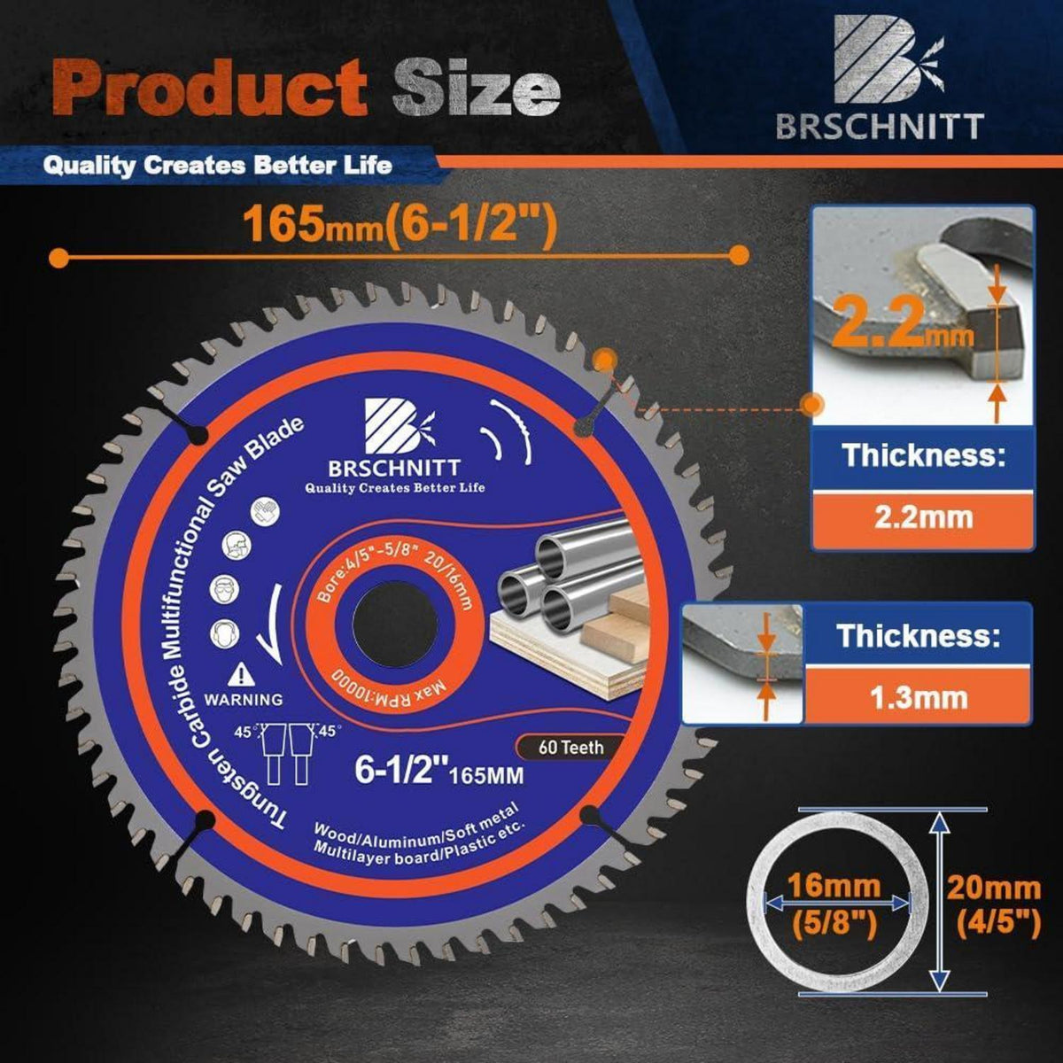 Kreissägeblatt 165mm 60T für Holz, Metall, Alu (10 Stück)