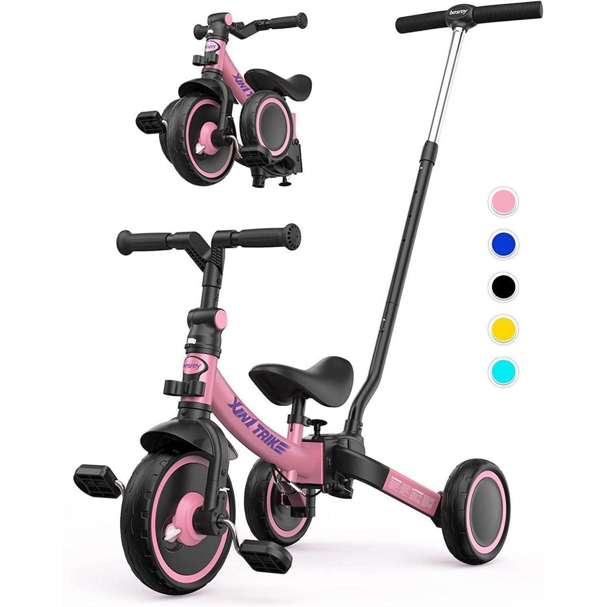 5-in-1 Kleinkind-Dreirad mit Schiebestange, faltbar, Rosa
