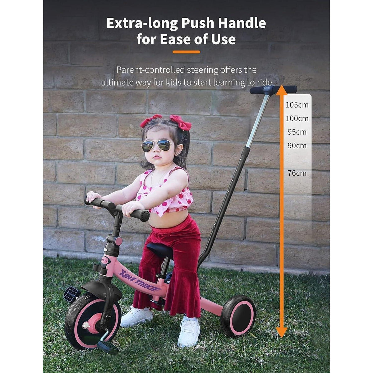 5-in-1 Kleinkind-Dreirad mit Schiebestange, faltbar, Rosa