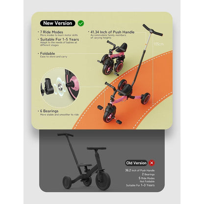 5-in-1 Kleinkind-Dreirad mit Schiebestange, faltbar, Rosa