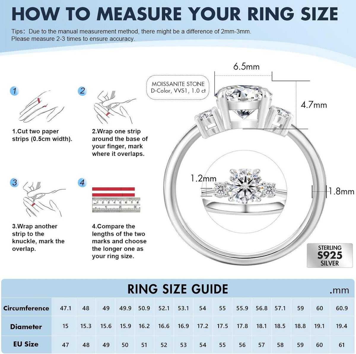 Damen Verlobungsring Moissanite 1 Karat Diamant VVS1 Weißgold