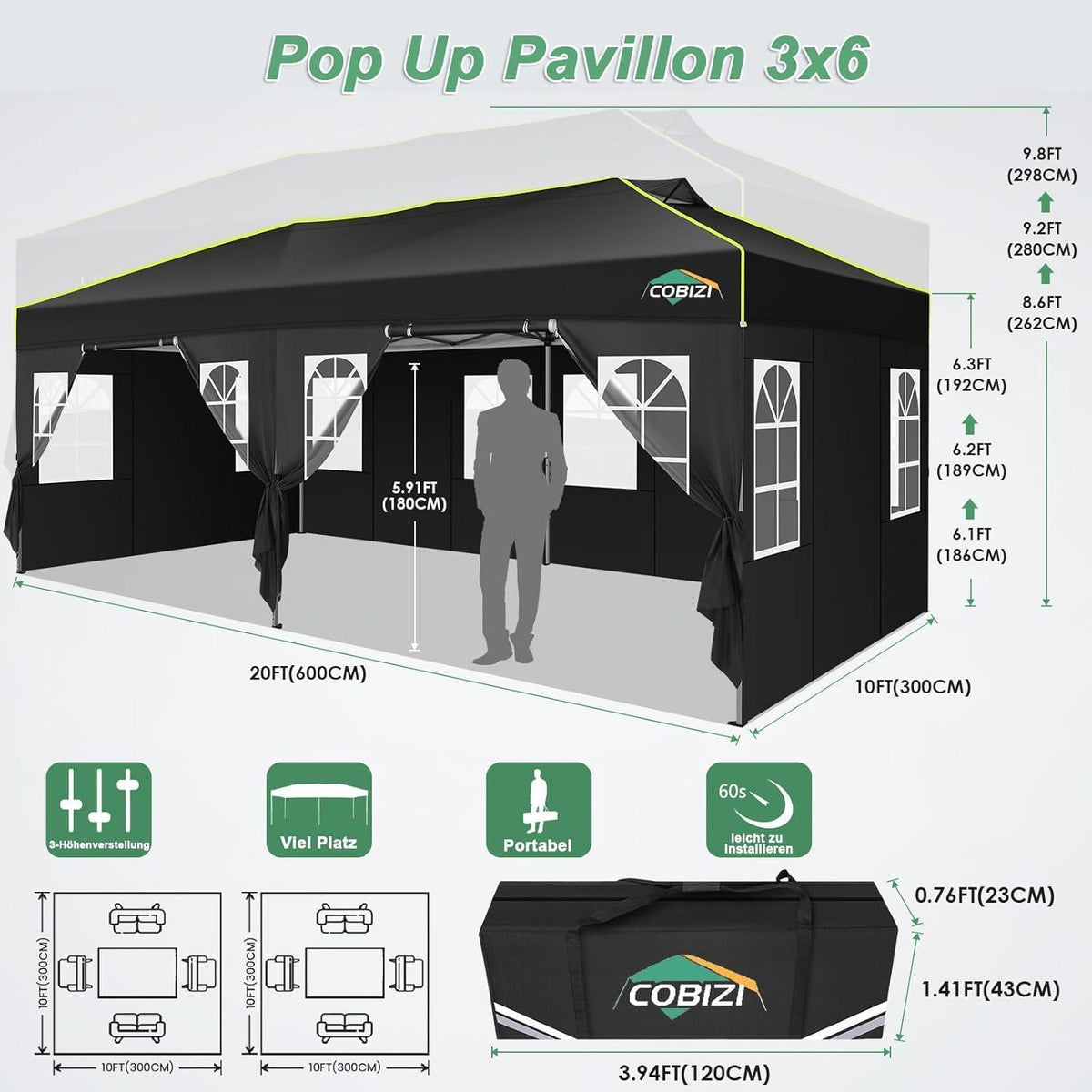 Faltpavillon 3x6 mit Seitenwänden – Wasserdicht & UV-Schutz