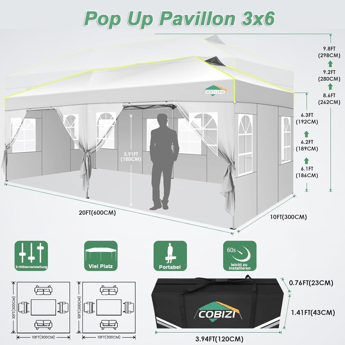 Faltpavillon 3x6 mit Seitenwänden – Wasserdicht & UV-Schutz