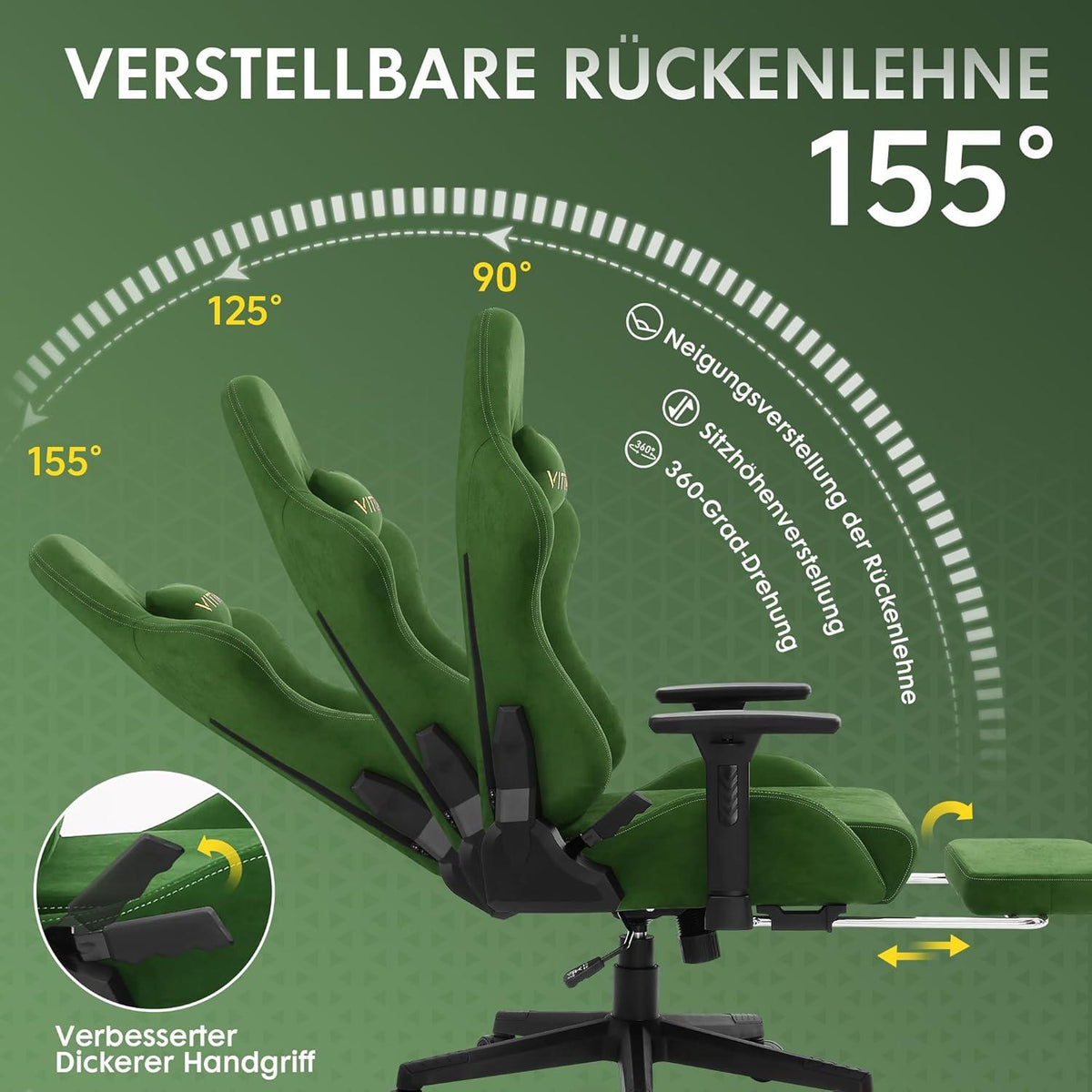 Gaming Stuhl Wildlederimitat Atmungsaktiv 90-155° Grün Armlehnen