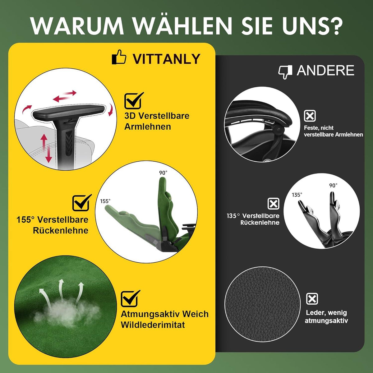 Gaming Stuhl Wildlederimitat Atmungsaktiv 90-155° Grün Armlehnen