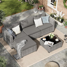 Rattan Gartenmöbel-Set 5-tlg. mit 3er Sofa, Sessel & Glastisch