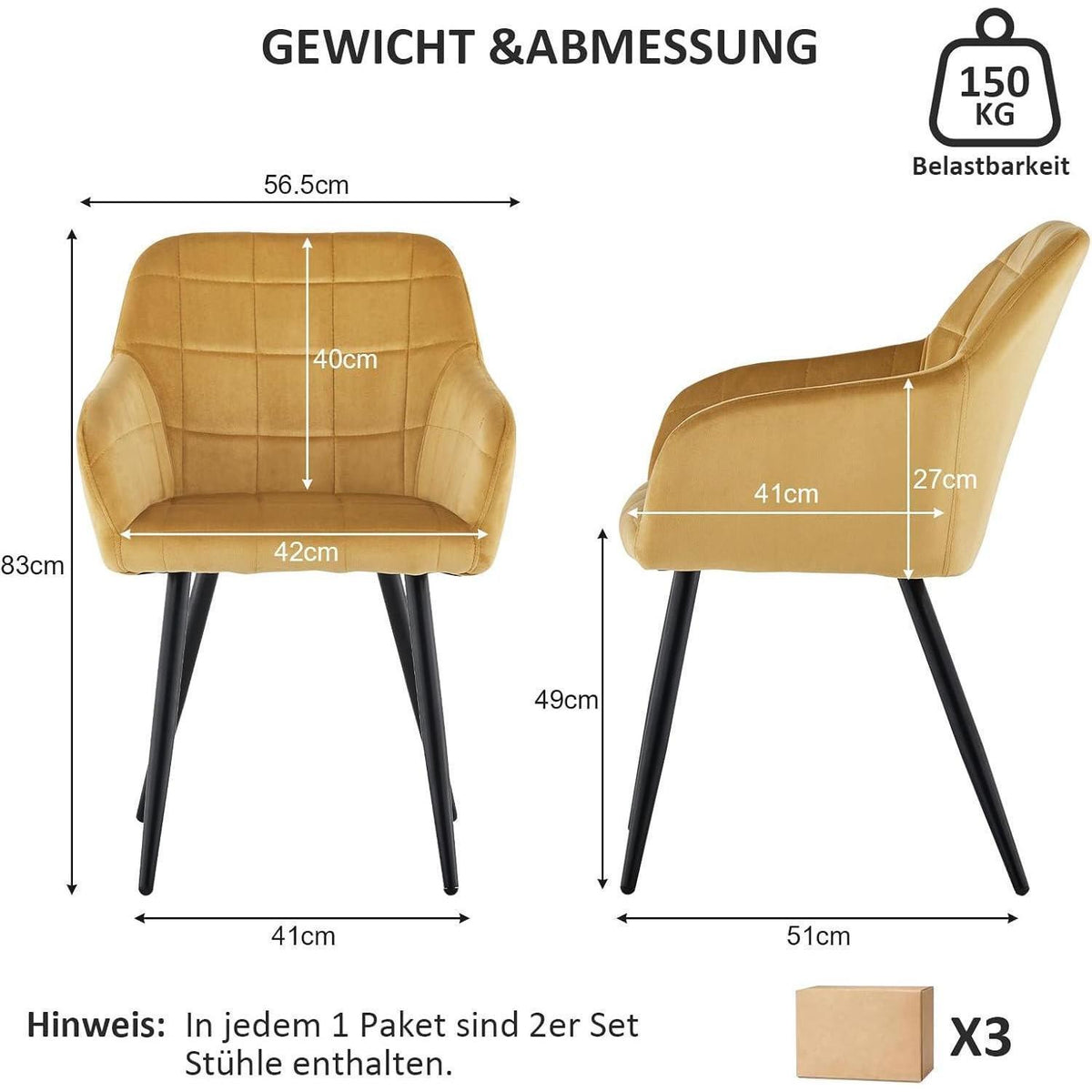 Samt Esszimmerstühle 6er Set – Tulpengold, Bequem & Robust