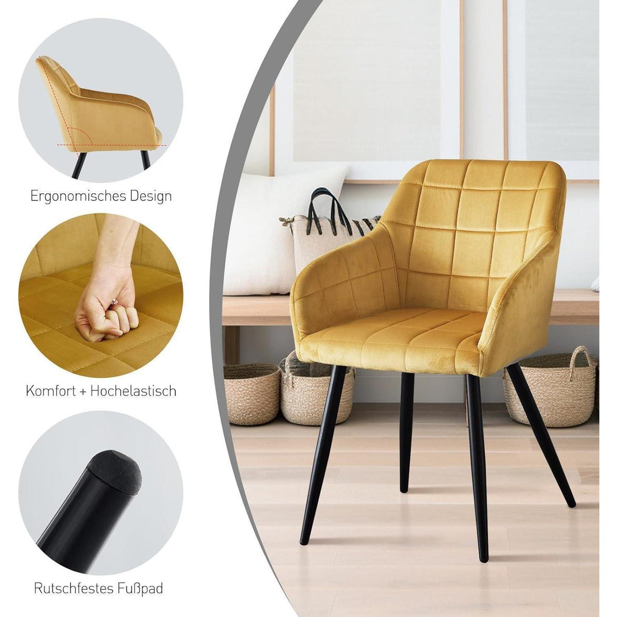 Samt Esszimmerstühle 6er Set – Tulpengold, Bequem & Robust