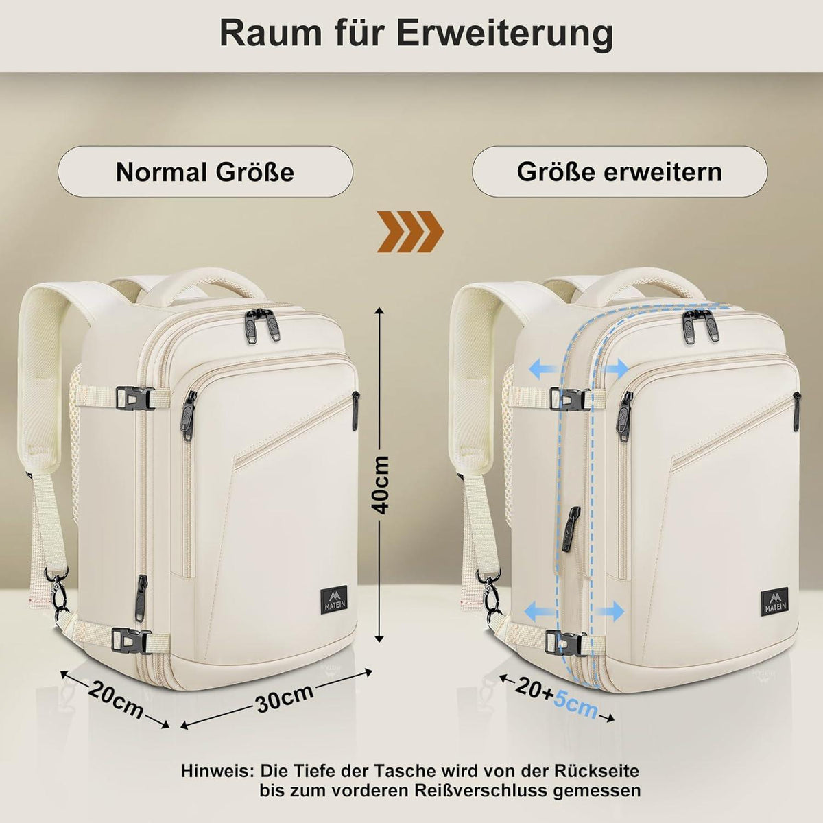 Handgepäck Rucksack Damen erweiterbar, wasserabweisend, beige
