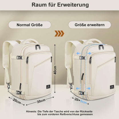 Handgepäck Rucksack Damen erweiterbar, wasserabweisend, beige