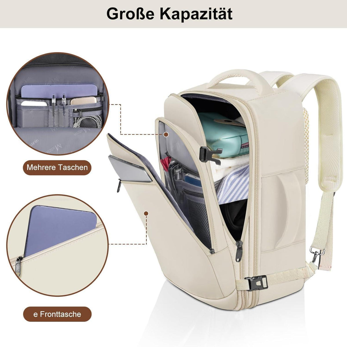 Handgepäck Rucksack Damen erweiterbar, wasserabweisend, beige