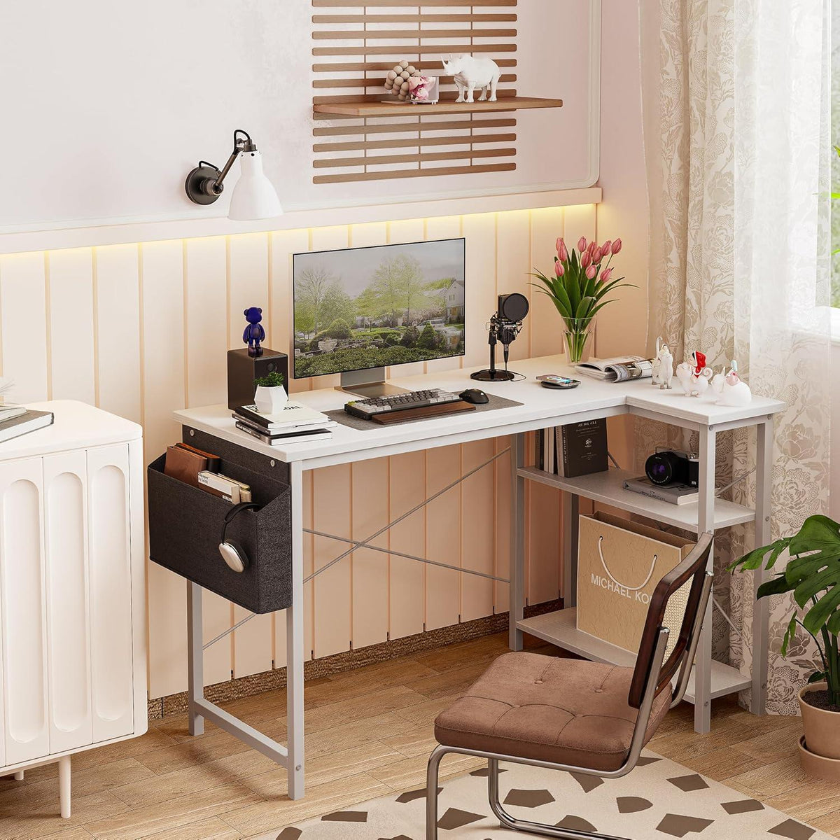 L-förmiger Gaming Schreibtisch 100x70 cm Weiß mit Ablagefächern