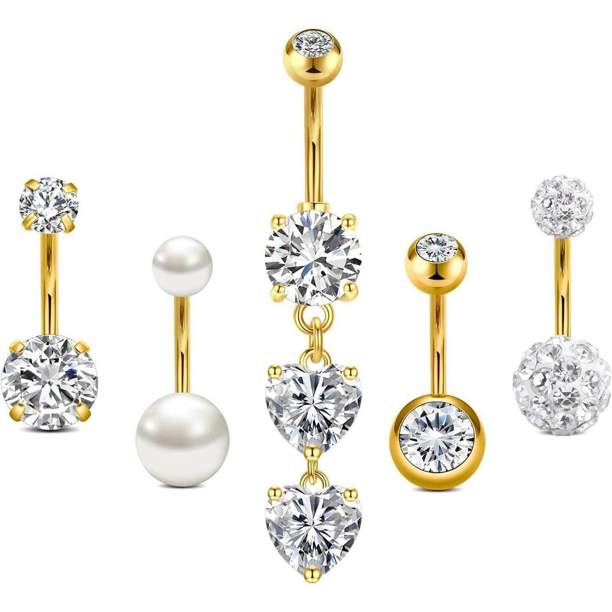 Bauchnabelpiercing Set 5 Stück Chirurgenstahl mit CZ Perle Herz Anhänger Gold