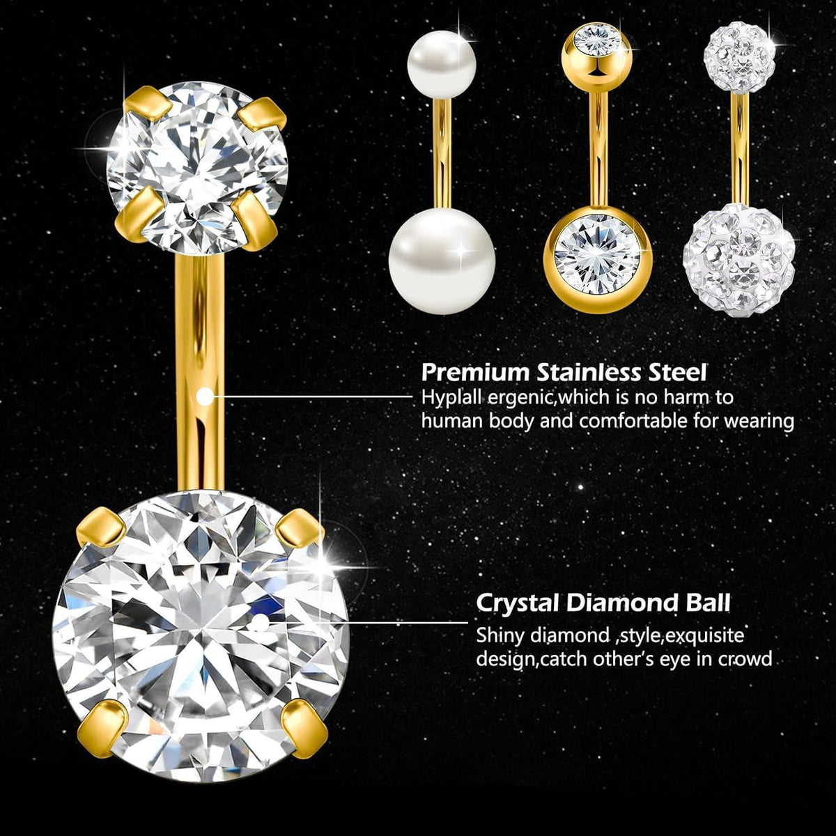 Bauchnabelpiercing Set 5 Stück Chirurgenstahl mit CZ Perle Herz Anhänger Gold