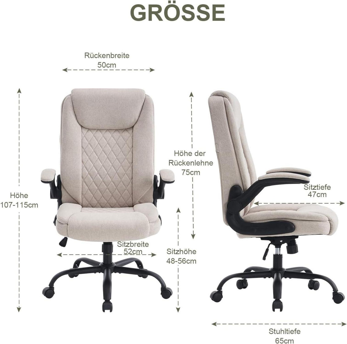 Ergonomischer Bürostuhl 150kg Beige Stoff Höhenverstellung