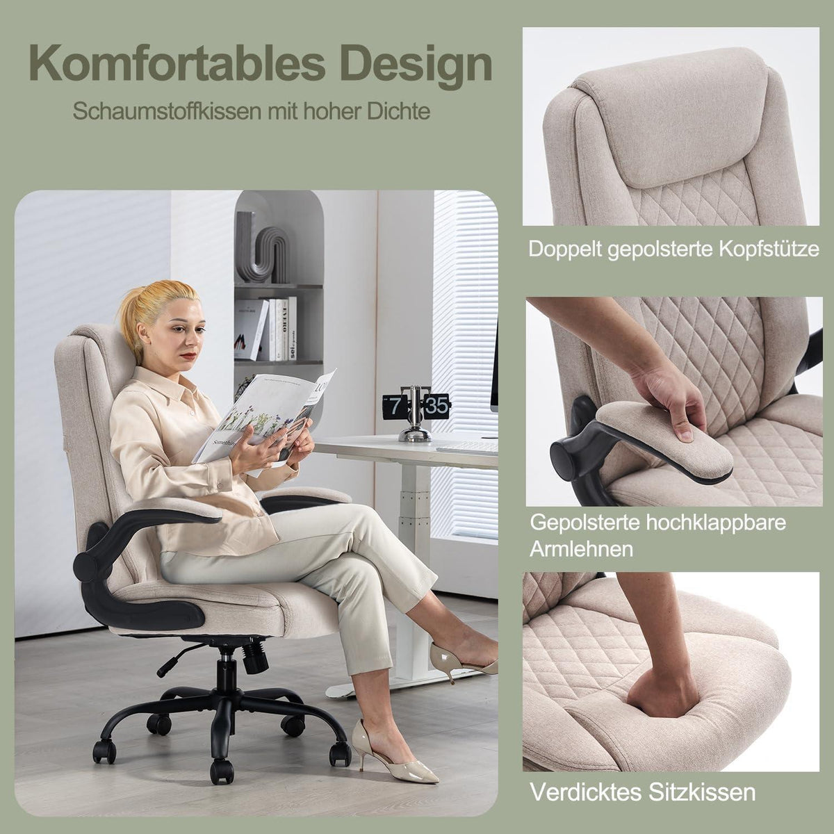 Ergonomischer Bürostuhl mit Höhenverstellung und Wippfunktion 150kg Beige Stoff