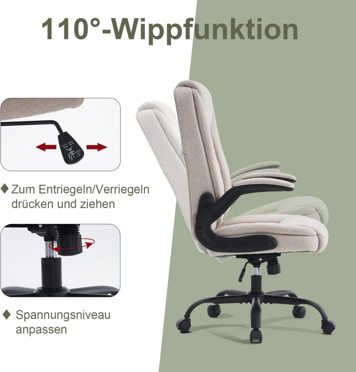 Ergonomischer Bürostuhl mit Armlehnen und Wippfunktion Beige Stoff