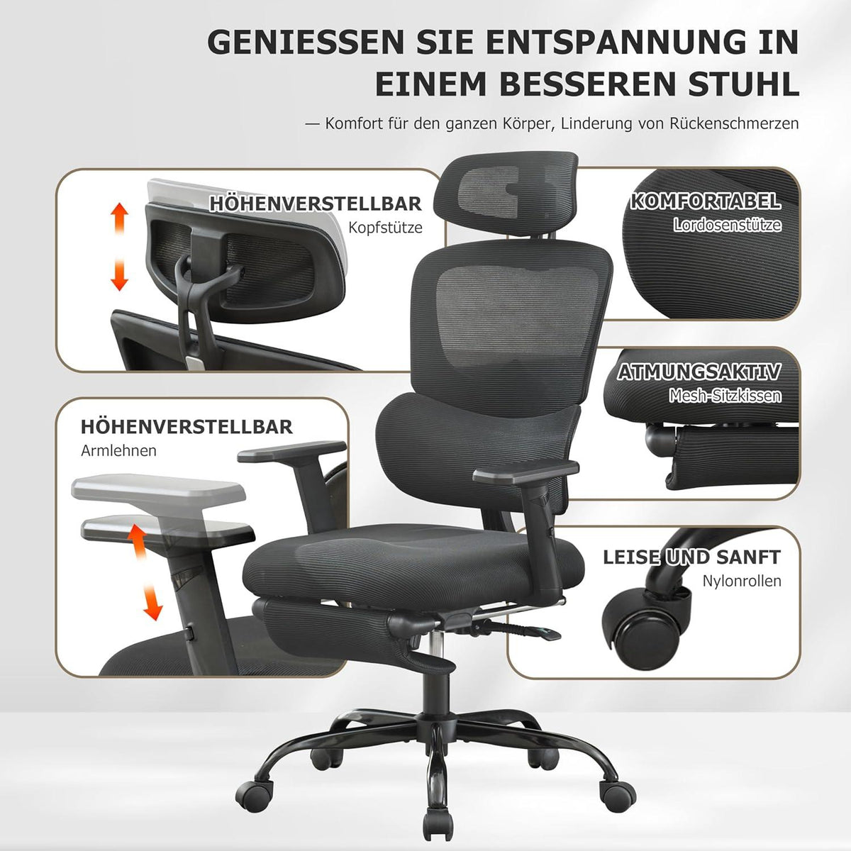Ergonomischer Bürostuhl mit Fußstütze Schwarz Lordosenstütze