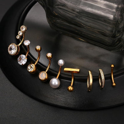9er Set Bauchnabelpiercings Gold Silber 14G Opal CZ Perle Hypoallergen 10/12mm