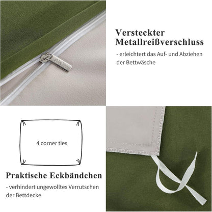Bettwäsche-Set 155x220 2-teilig Olivgrün Beige Wendebettwäsche Mikrofaser