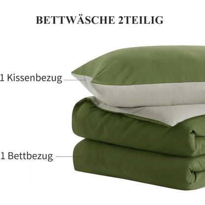 Bettwäsche-Set 155x220 2-teilig Olivgrün Beige Wendebettwäsche Mikrofaser