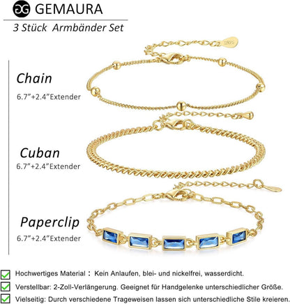 Verstellbare Armband Set Gold Silber Zirkonia 14K 3 Stück für Damen