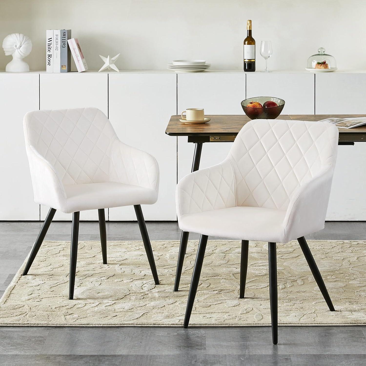 Set of 6 Velvet Dining Chairs Armrests White Metal Legs for Kitchen & Living