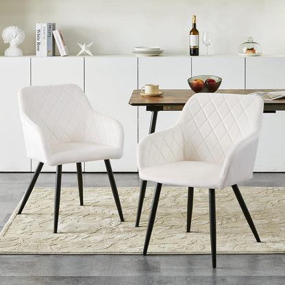 Set of 6 Velvet Dining Chairs Armrests White Metal Legs for Kitchen & Living